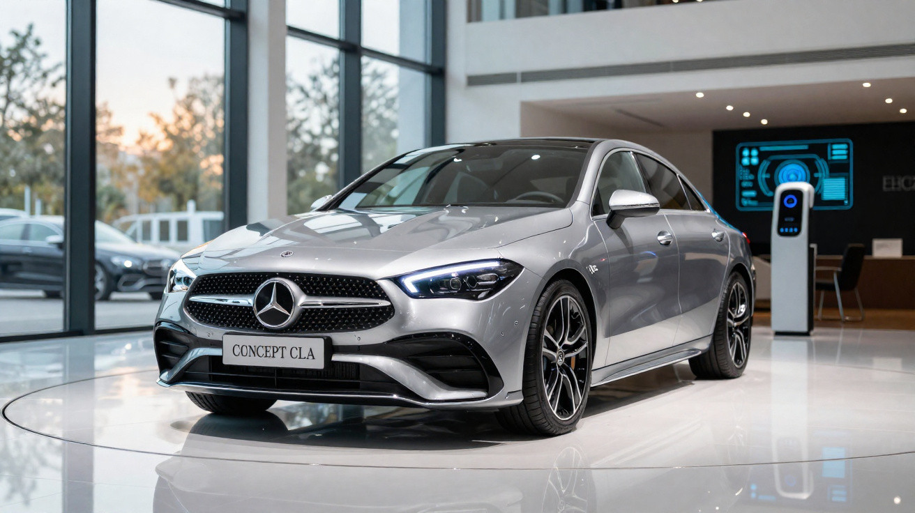 Mercedes-Benz Concept CLA prateado numa exposição moderna com grandes janelas e pavimento espelhado.