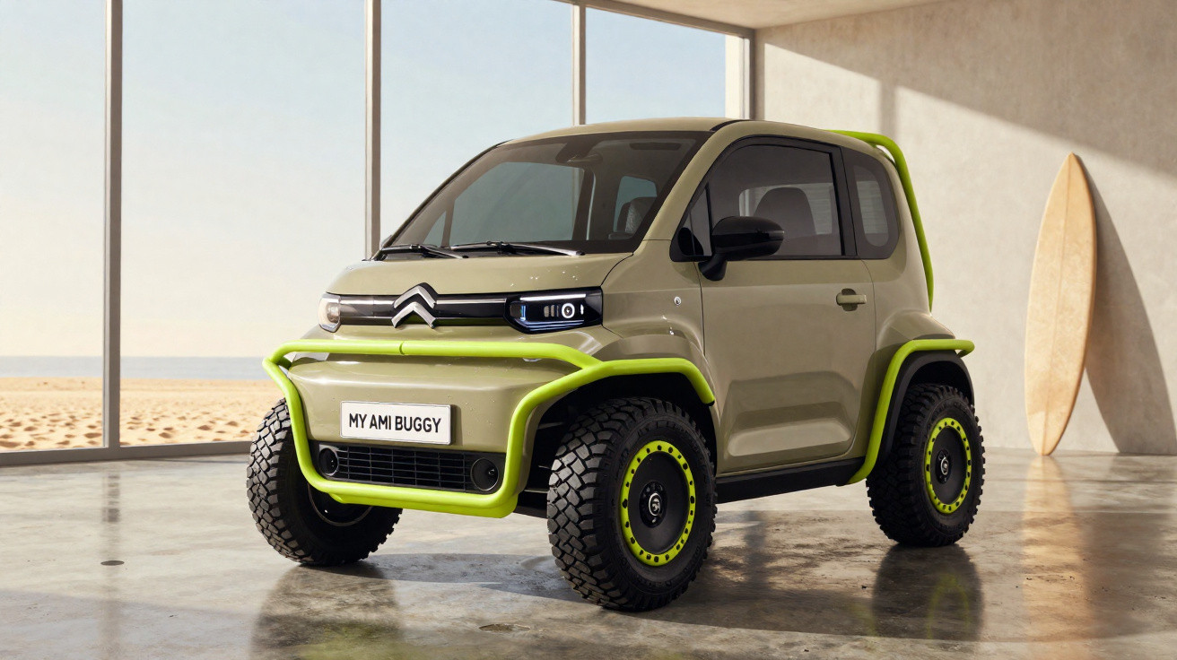 Carro elétrico Citroën My Ami Buggy cinza com detalhes verdes dentro de garagem junto à praia.