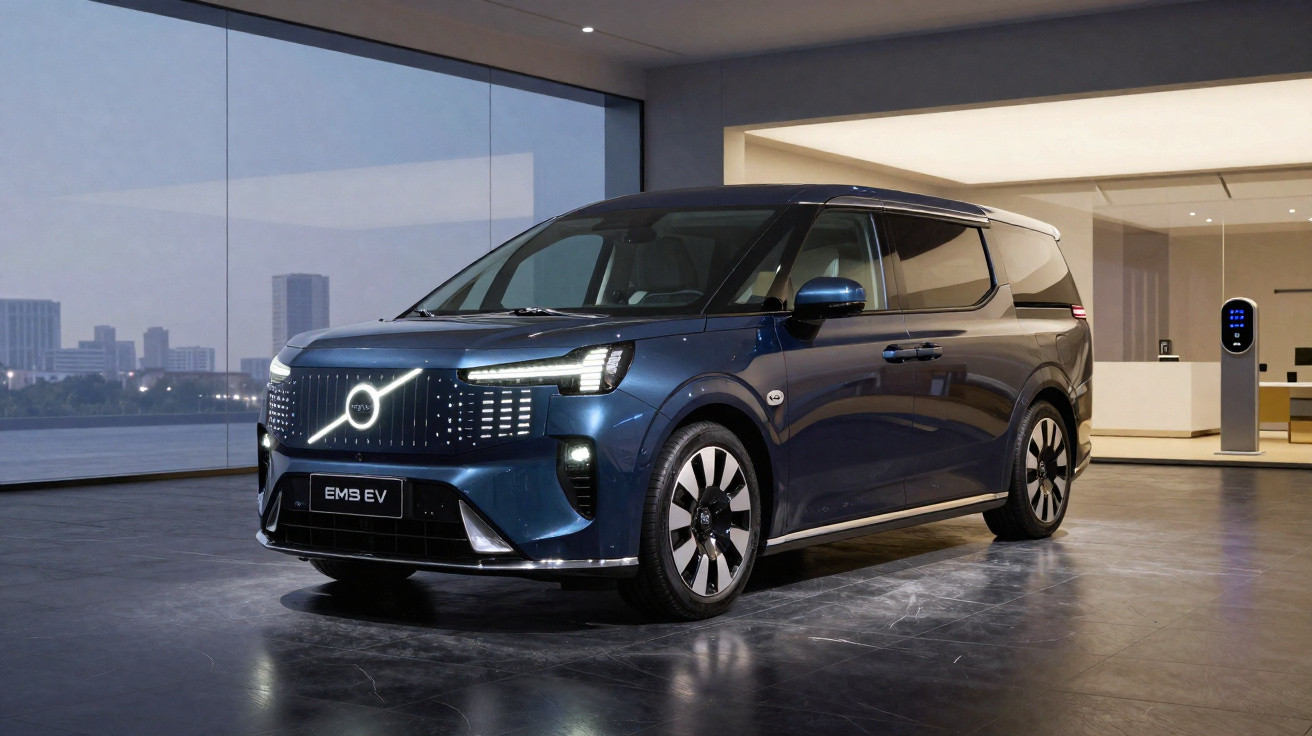 Carro elétrico Volvo EMS EV azul, moderno, estacionado em ambiente interior com grande janela.