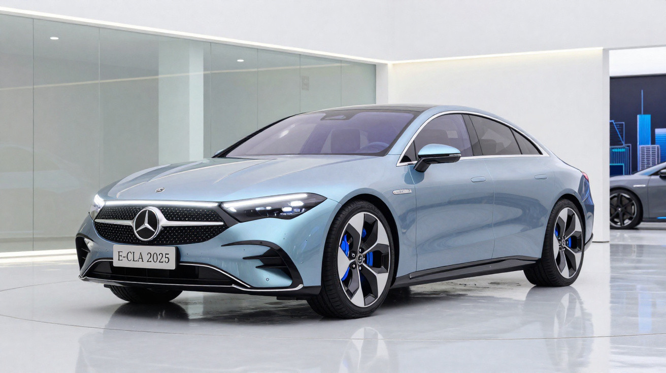 Carro eléctrico Mercedes-Benz E-CLA 2025 azul claro numa sala de exposição moderna e minimalista.