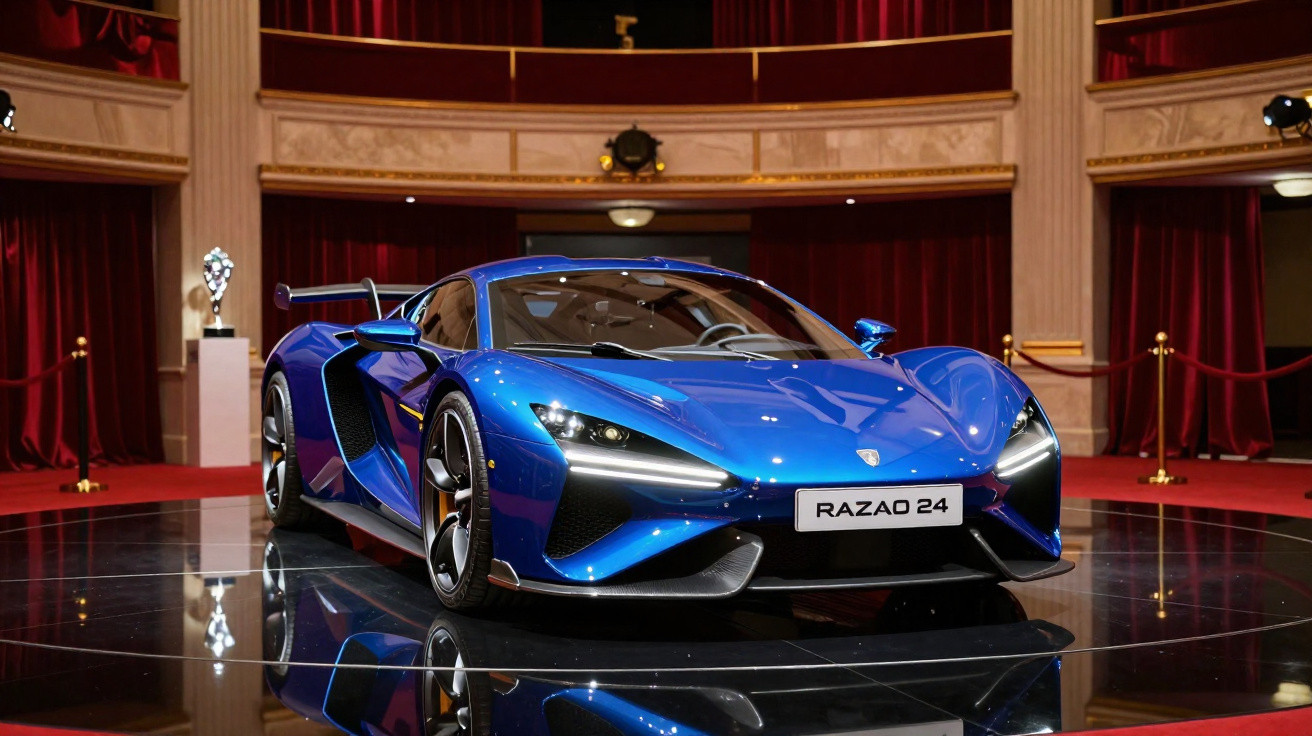 Carro desportivo azul Razao 24 exibido num cenário elegante com cortinas e iluminação teatral.