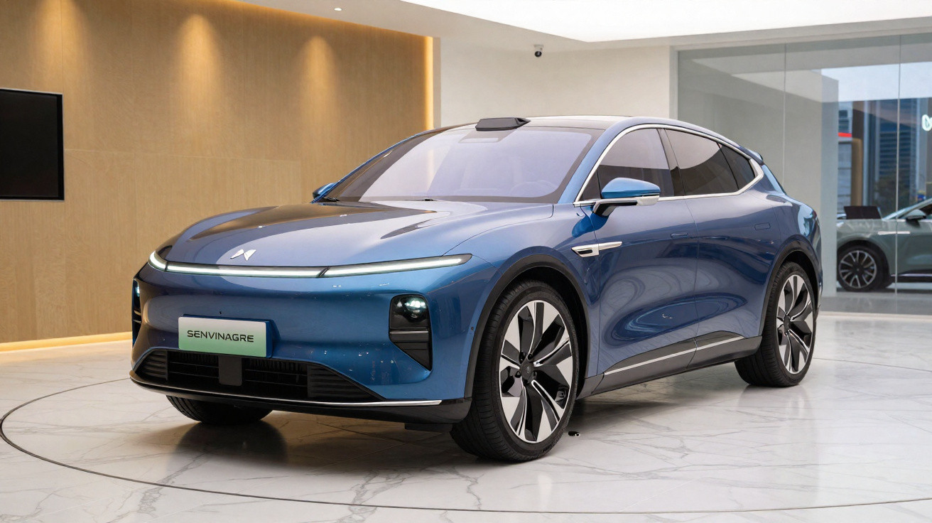 Carro elétrico azul escuro, moderno, em showroom com piso branco e parede de madeira clara.