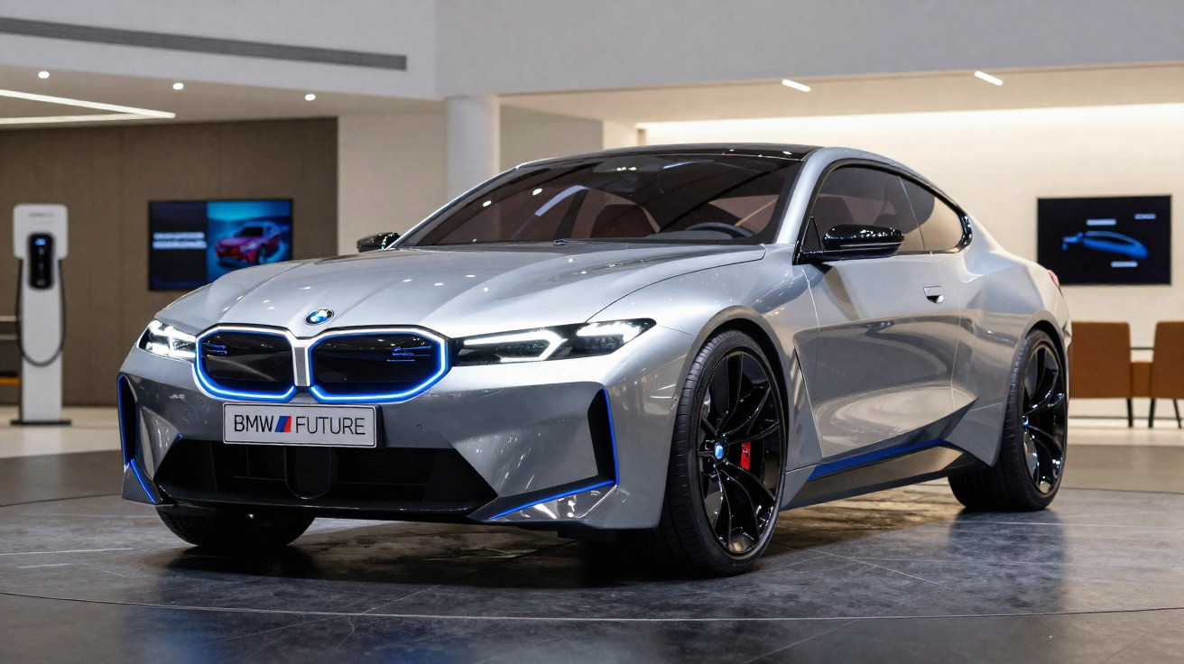 Carro desportivo elétrico BMW prata com luzes LED azuis, em exposição numa sala moderna.