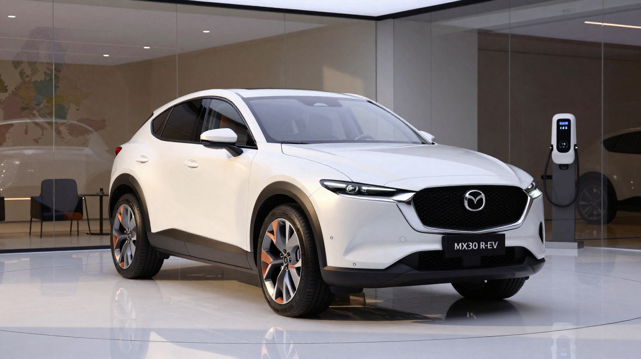 Carro elétrico Mazda MX-30 R-EV branco numa sala de exposição moderna com estação de carregamento.