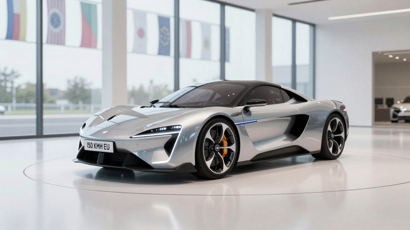 Carro desportivo compacto e prateado com jantes pretas, exposto num showroom moderno e luminoso.