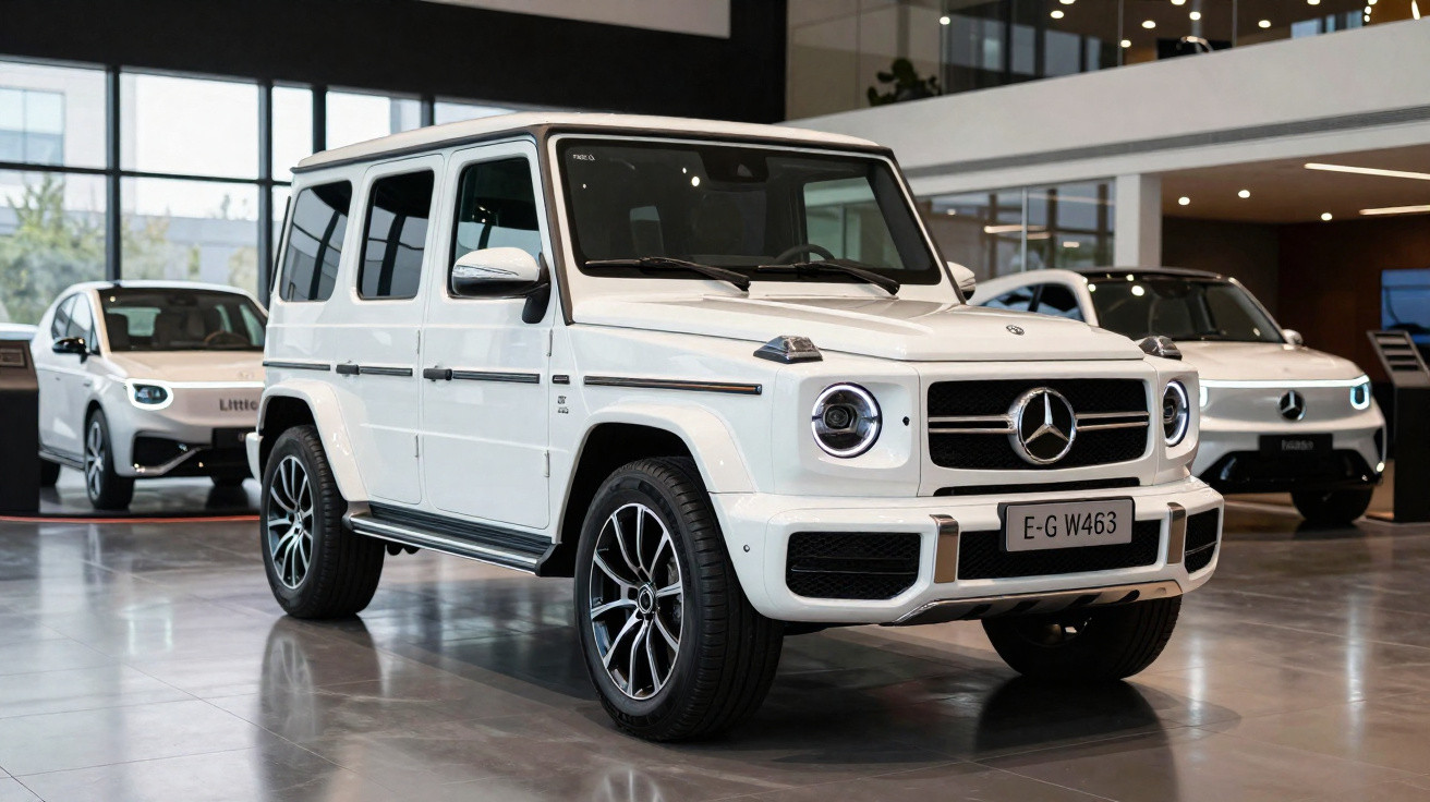 Carro branco Mercedes-Benz G-Wagon exposto em salão com outros veículos modernos ao fundo.