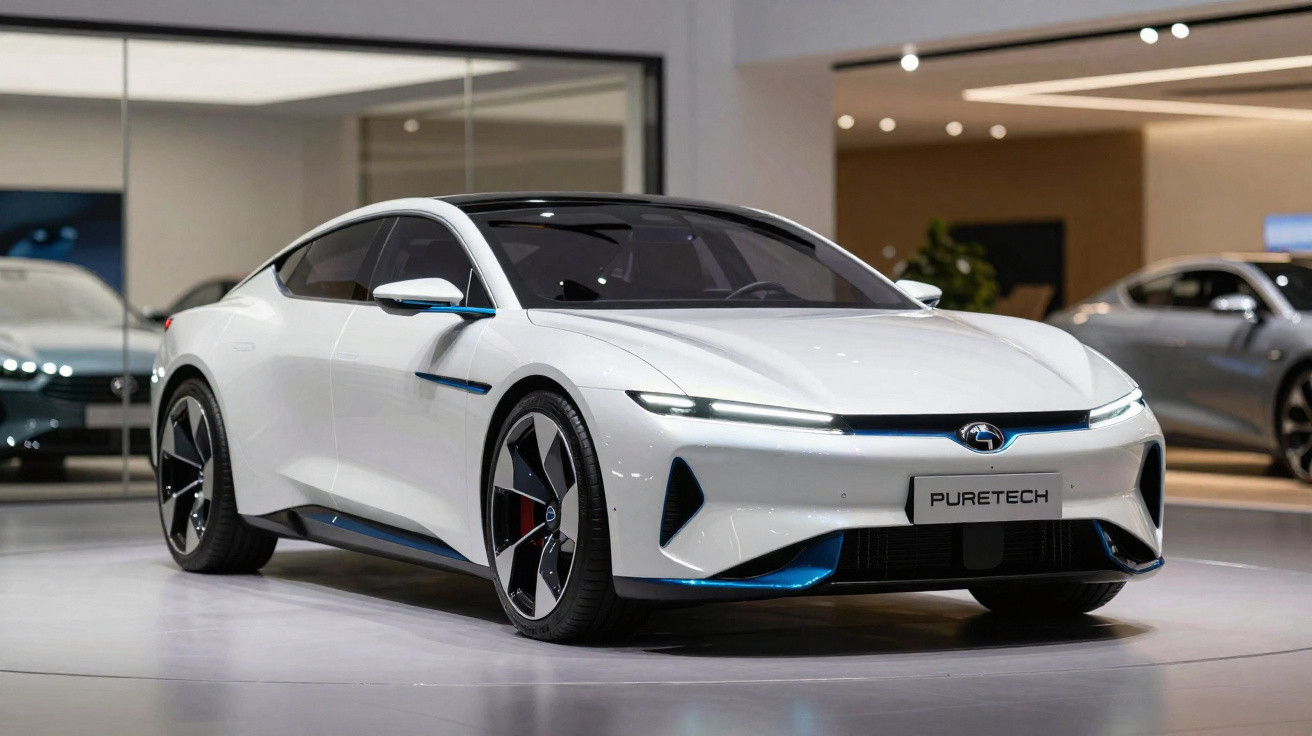 Carro elétrico desportivo branco com design aerodinâmico em exposição numa sala moderna.