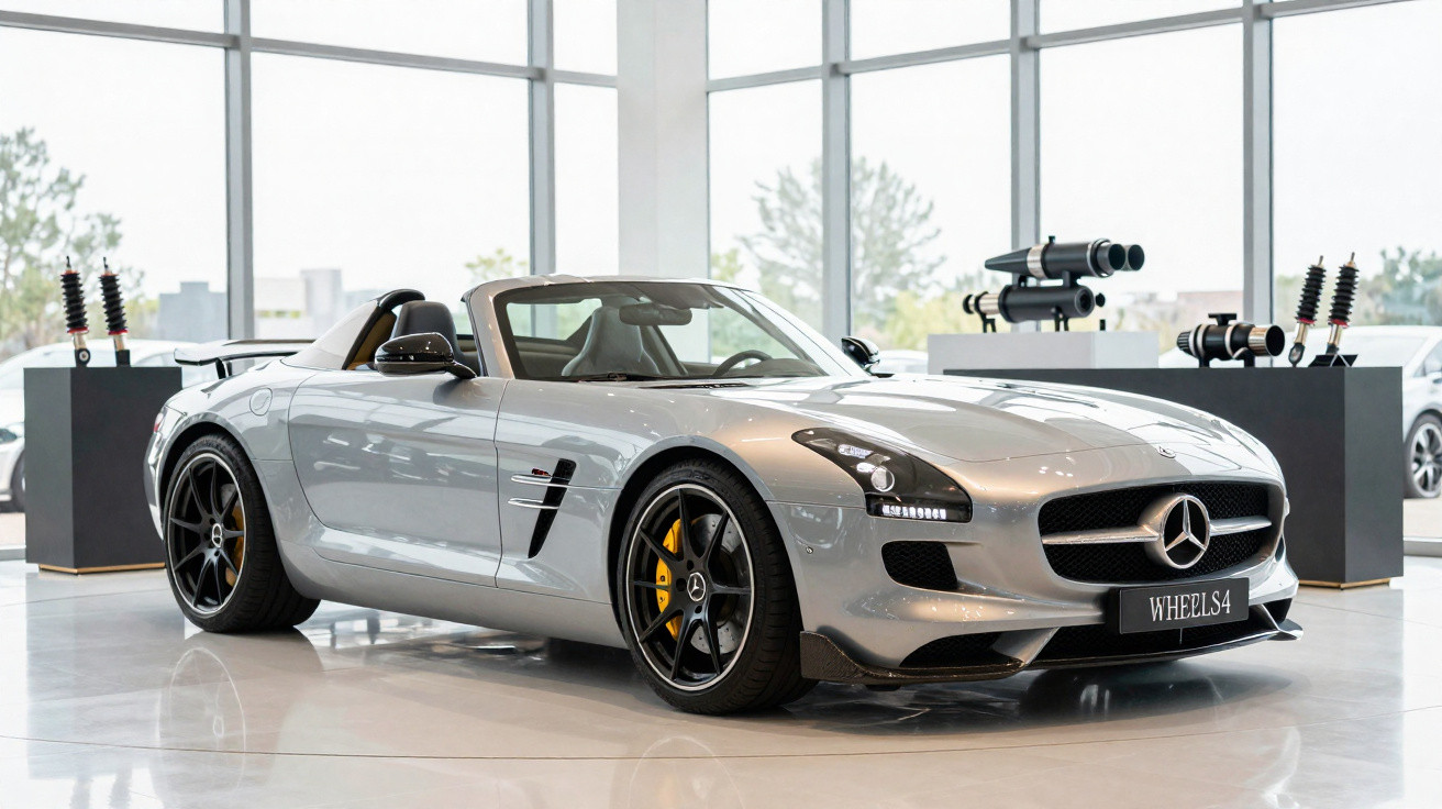 Carro desportivo Mercedes-Benz conversível prata em exposição numa sala com grandes janelas.