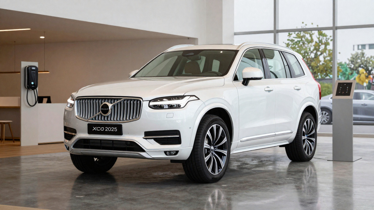 Volvo XC90 branco 2025 estacionado em interior moderno com piso de cimento polido.