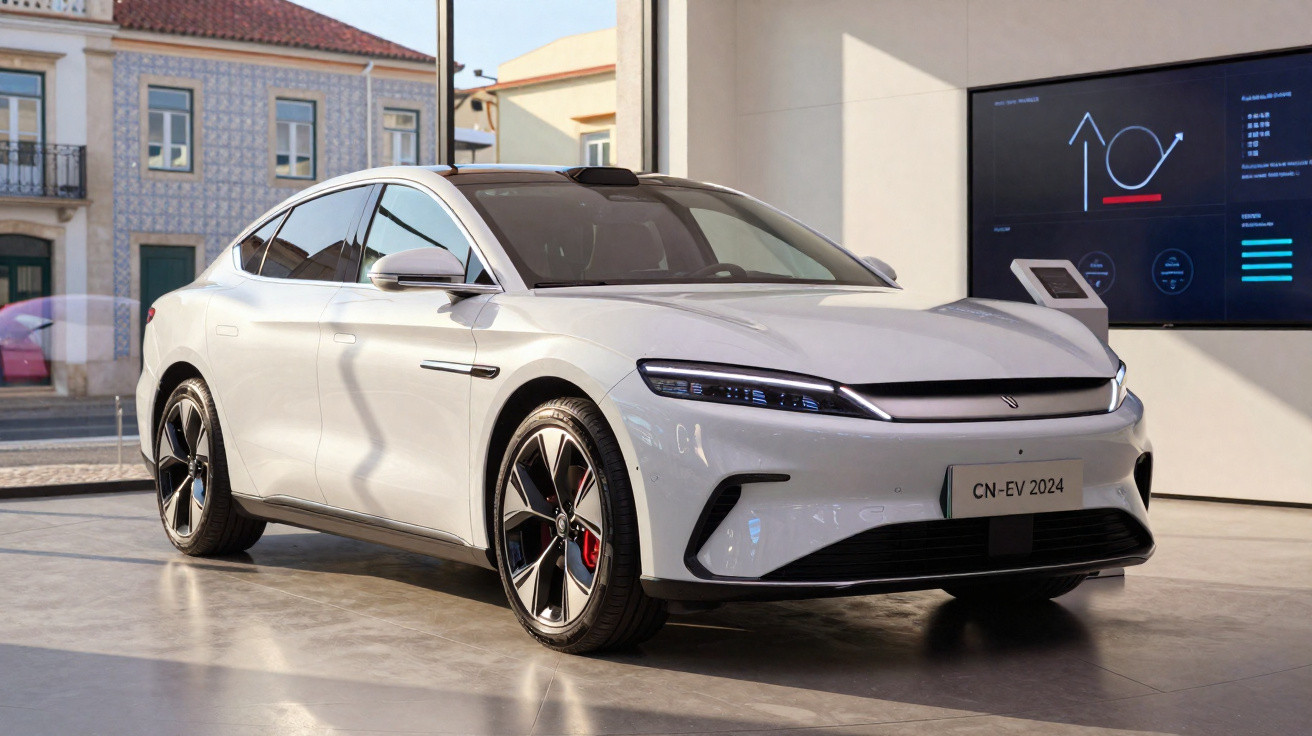 Carro elétrico branco moderno estacionado em espaço interior com gráficos num ecrã ao fundo.