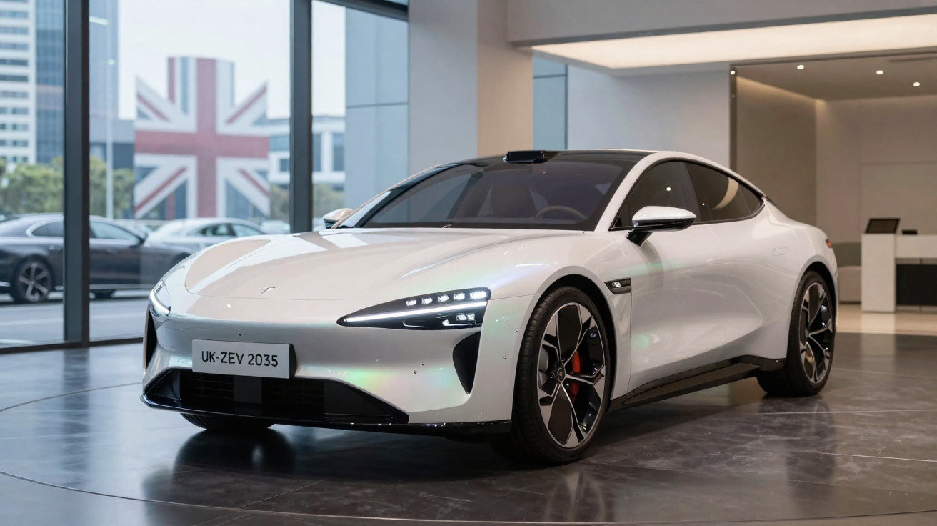 Carro desportivo elétrico branco estacionado num showroom moderno com grandes janelas e bandeira do Reino Unido ao fundo.