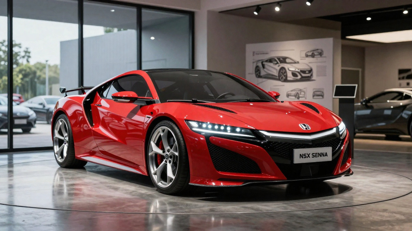 Carro desportivo vermelho Honda NSX Senna em exposição numa sala moderna com grandes janelas.