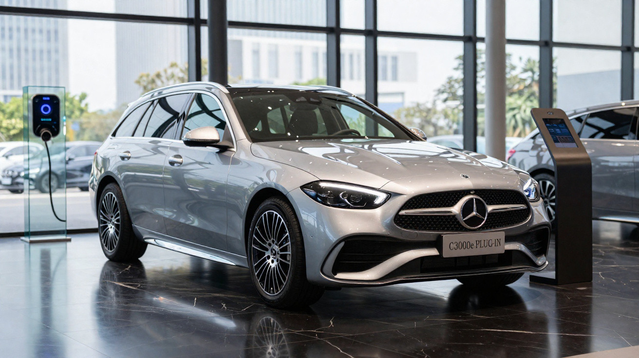 Viatura Mercedes-Benz C300e Plug-in híbrido estacionada em showroom moderno com carregador elétrico.