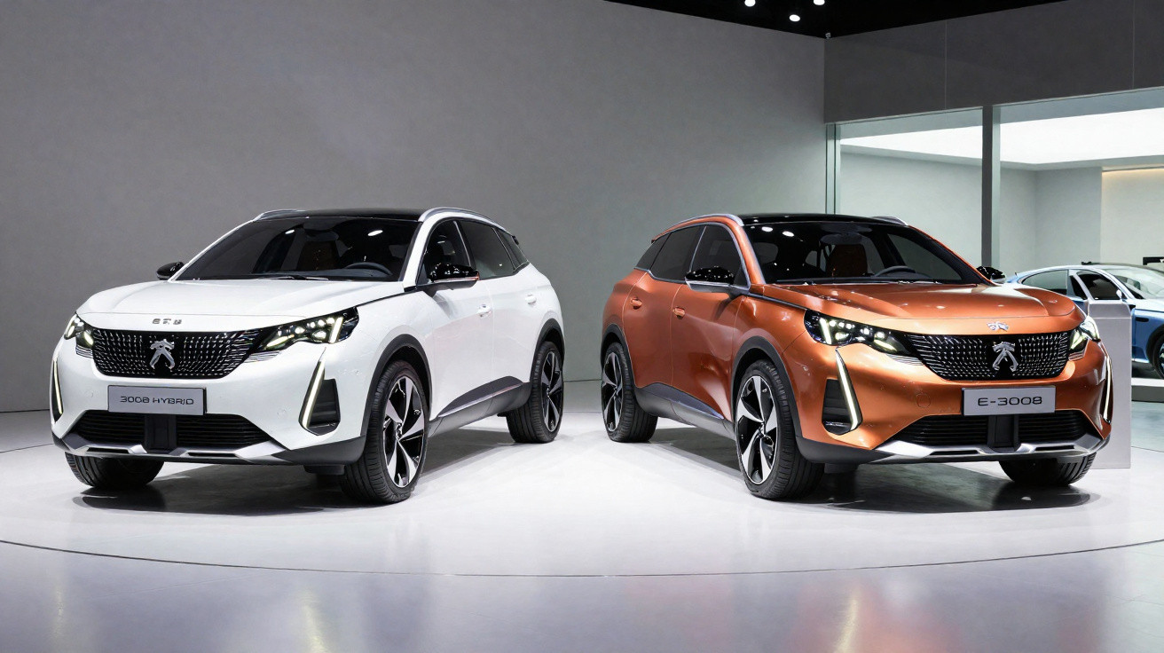 Dois carros Peugeot 3008 expostos, um branco híbrido e outro laranja, em ambiente de salão automóvel.
