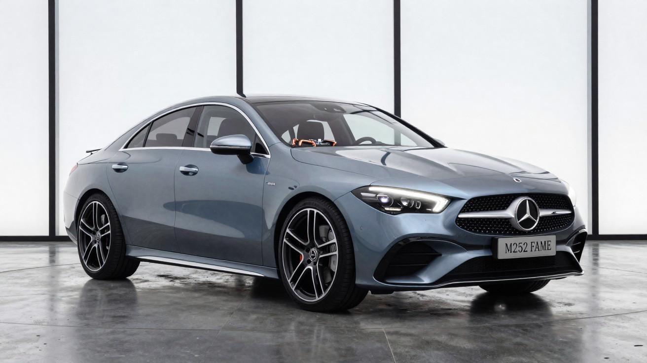 Carro Mercedes-Benz cinzento metálico estacionado em espaço interior com piso refletor.