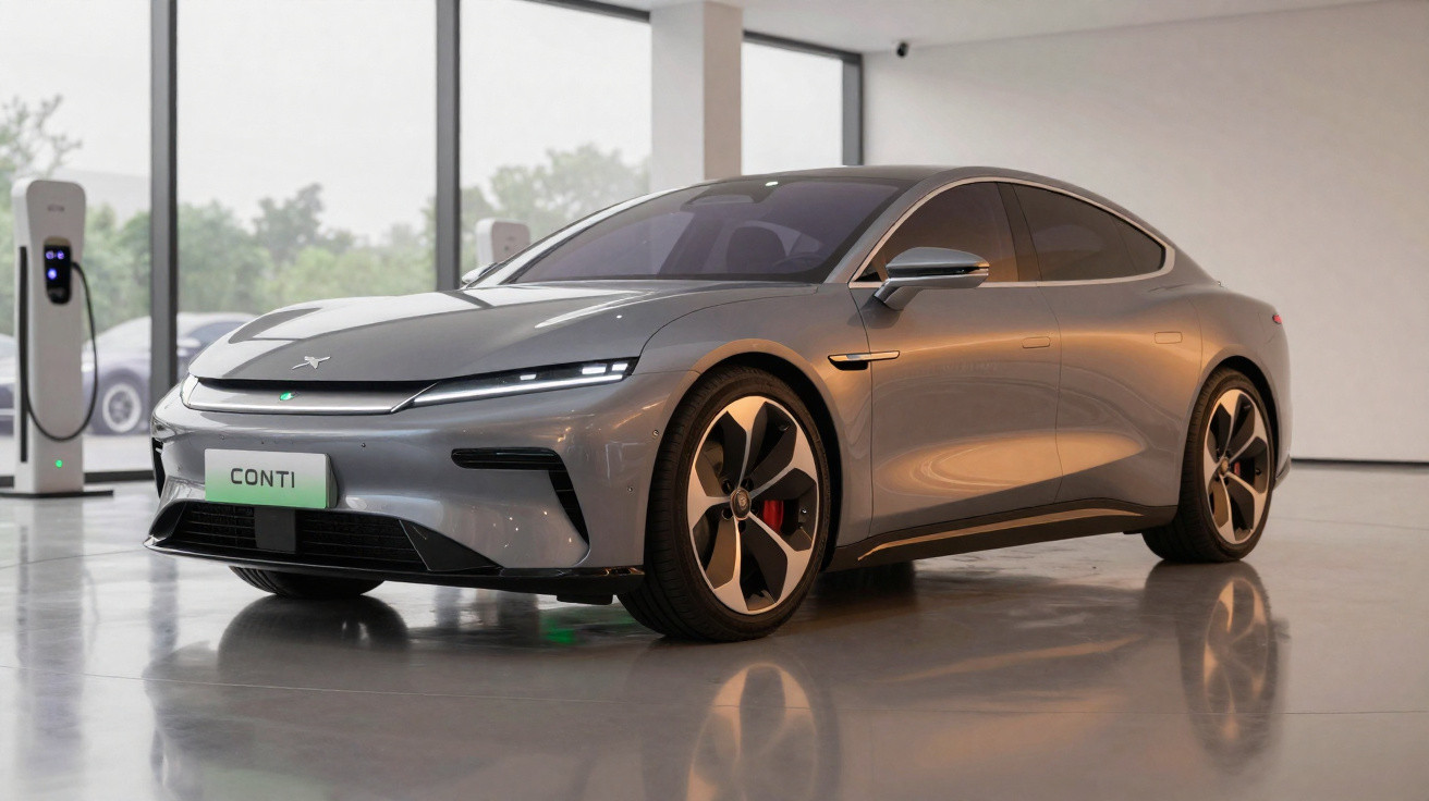 Carro elétrico cinza moderno estacionado em espaço interior com pilares e estações de carregamento visíveis.