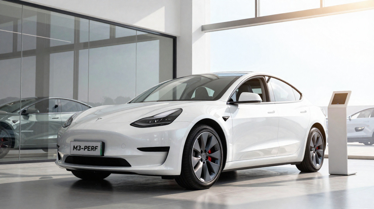 Carro elétrico Tesla Model 3 Performance branco exibido numa sala de exposição moderna e iluminada.