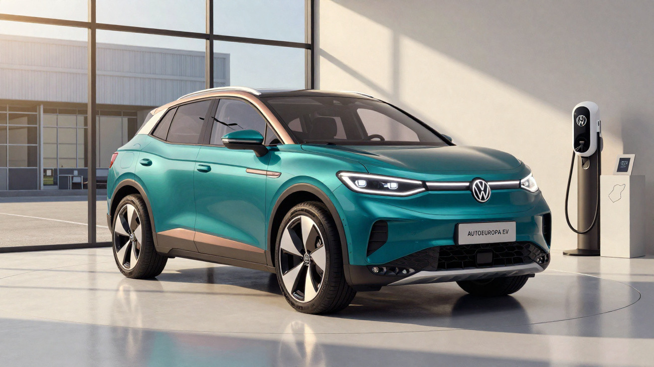 Carro elétrico Volkswagen verde estacionado em sala com estação de carregamento ao lado.