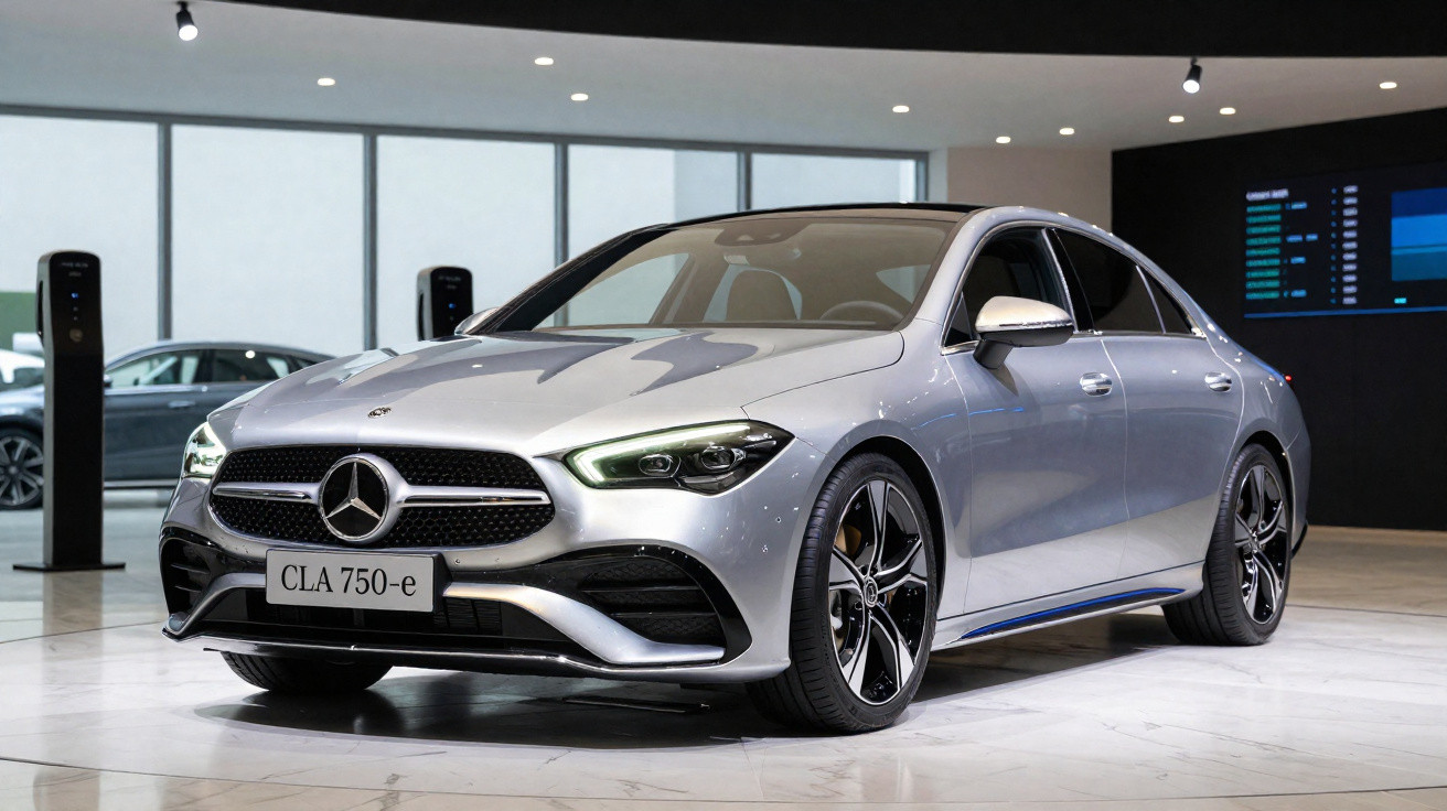 Carro Mercedes-Benz CLA 750-e prata estacionado dentro de showroom moderno com luzes LED.
