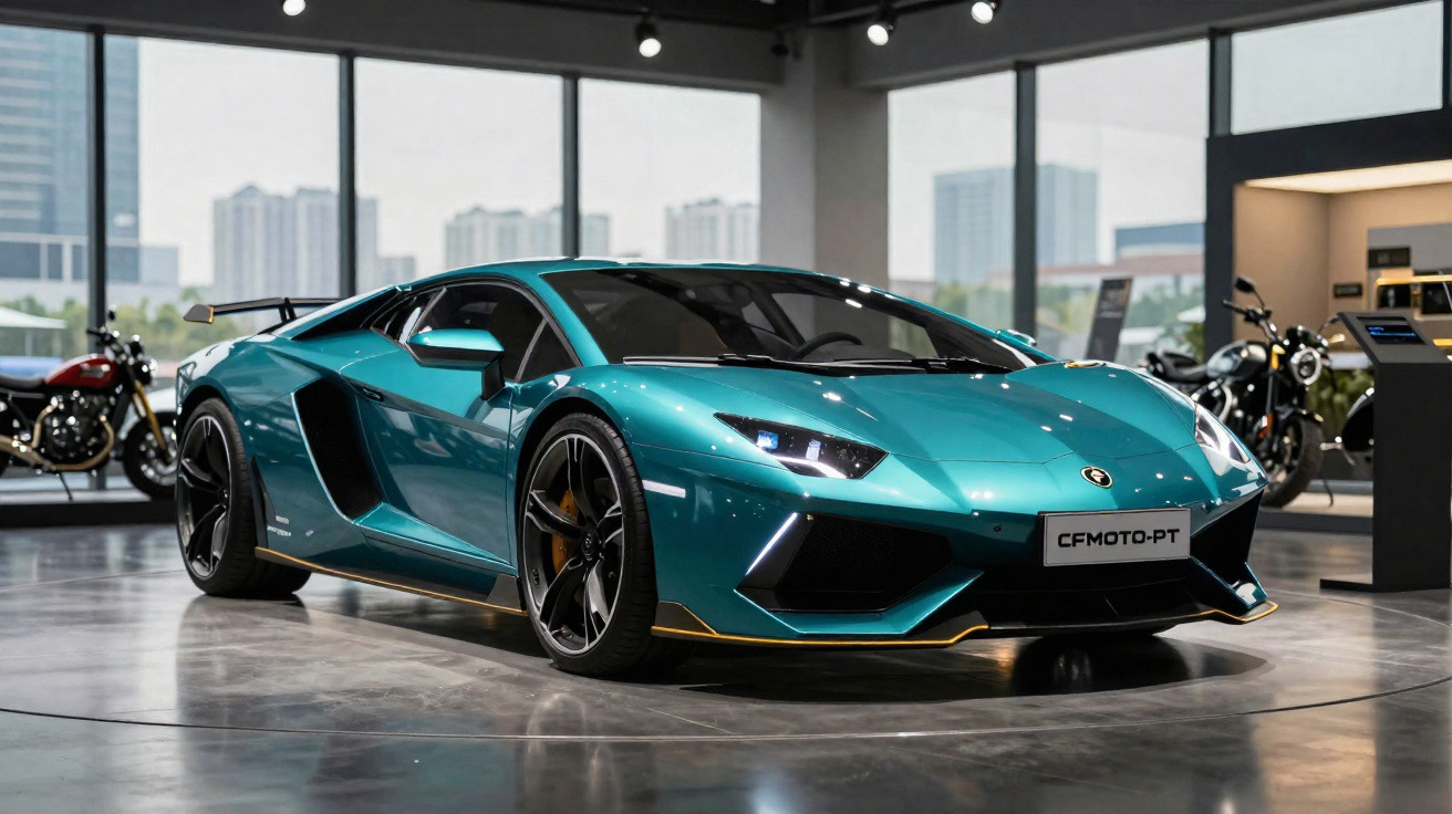 Carro desportivo azul turquesa em exposição num showroom moderno com janelas panorâmicas.