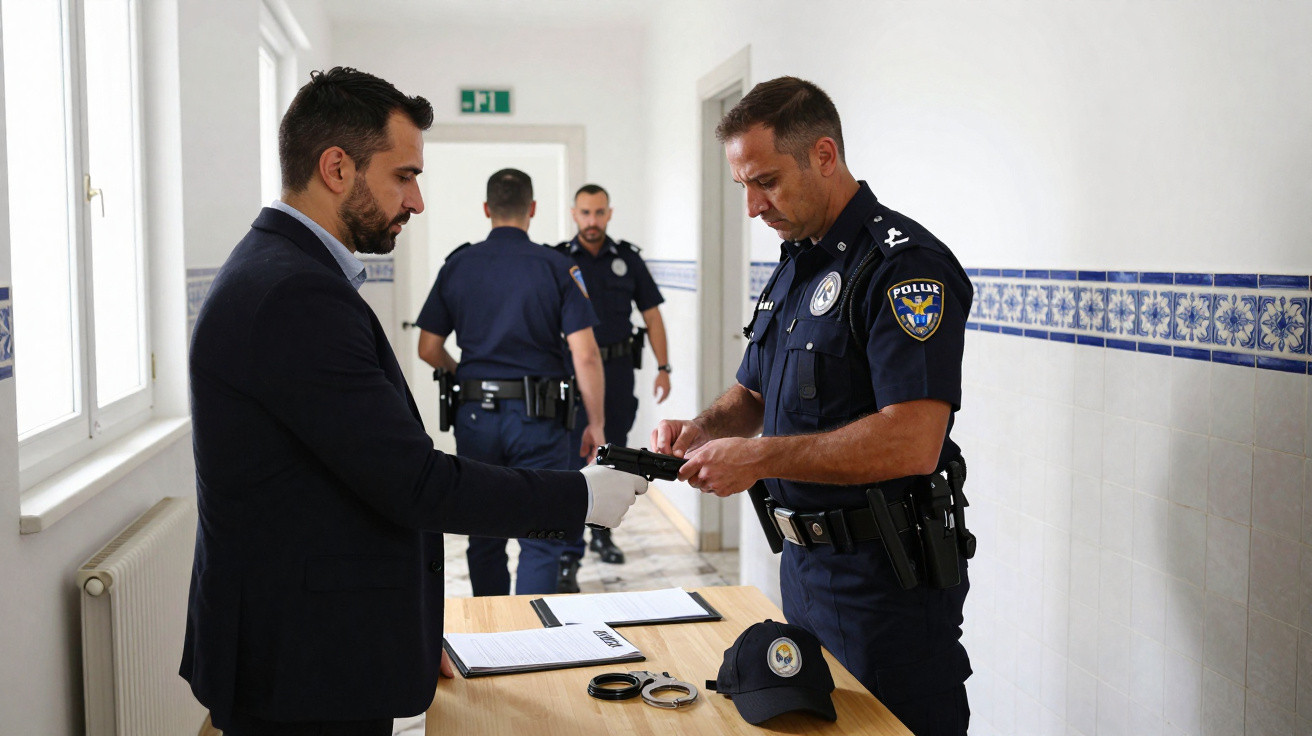 Polícia a inspecionar uma arma entregues numa sala com mesa contendo documentos e algemas.