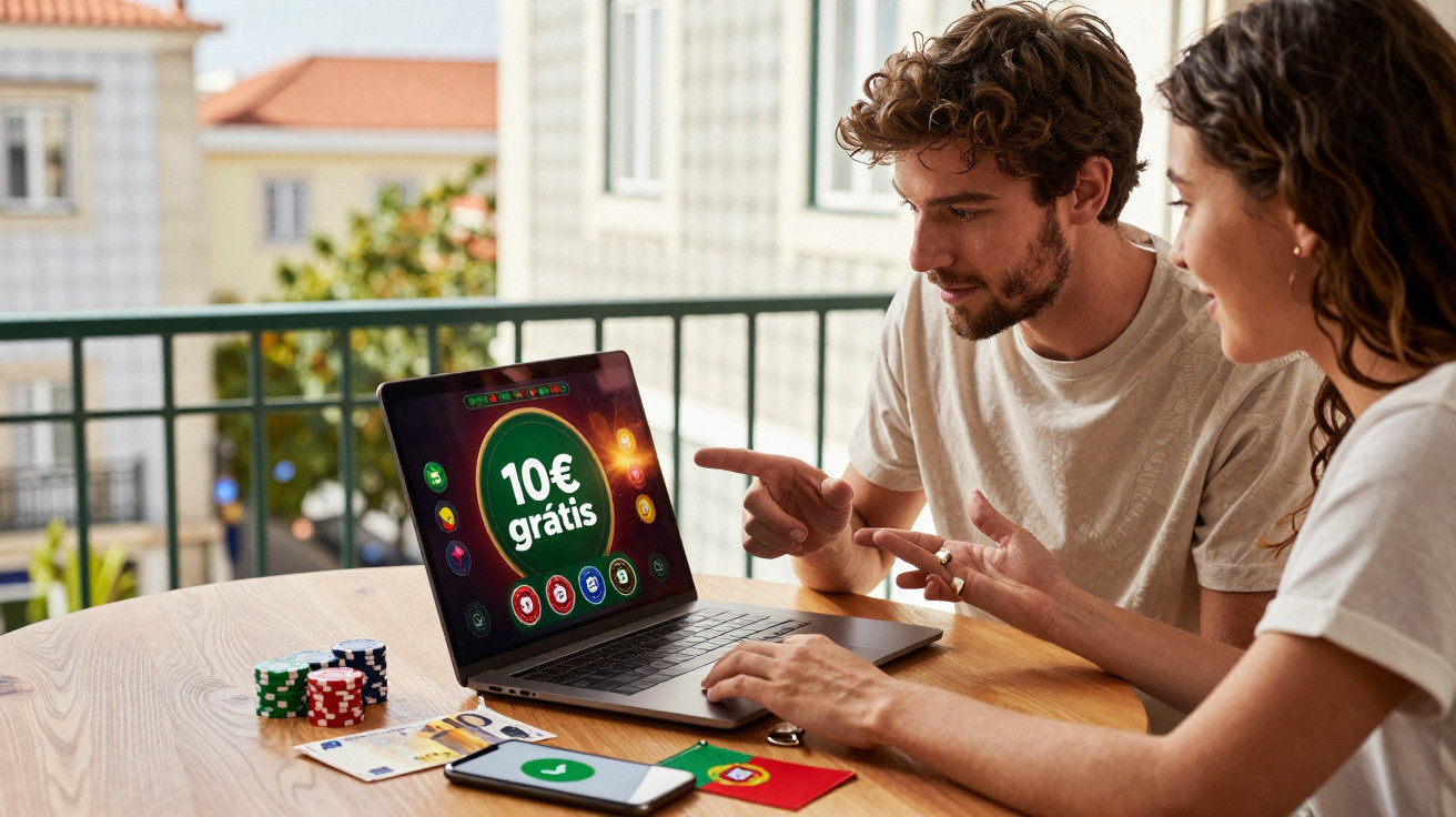 Jovem casal a jogar online num computador portátil com oferta de 10€ grátis, fichas de poker e smartphone na mesa.