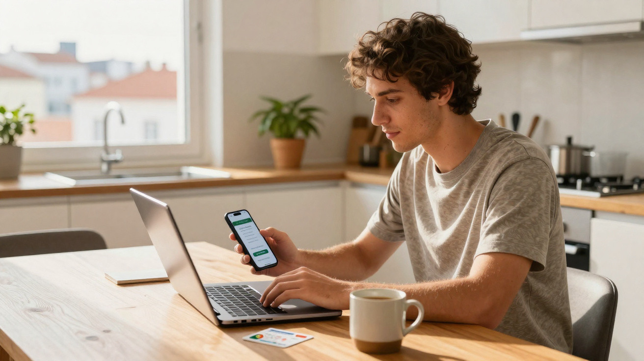 Jovem sentado à mesa da cozinha, usa computador portátil e vê mensagem no telemóvel, com caneca à frente.
