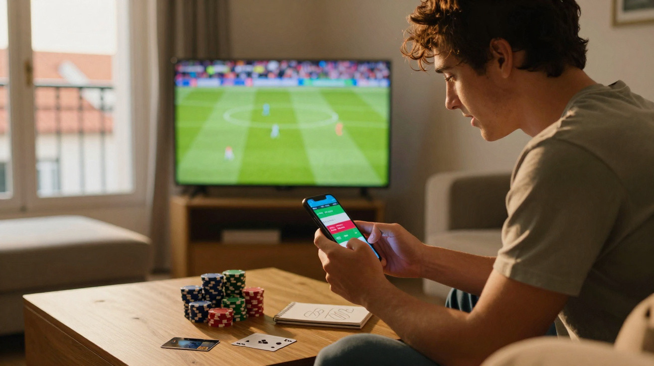 Jovem sentado a jogar poker com fichas e cartas, vendo jogo de futebol na televisão.