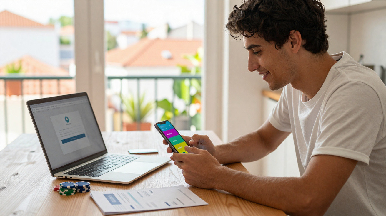 Homem jovem sentado numa mesa, a usar telemóvel e computador portátil, com fichas de poker e documento à frente.
