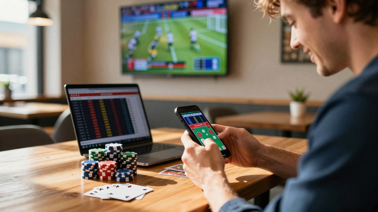 Homem fazendo apostas desportivas online com telemóvel, fichas de poker, cartas e laptop numa mesa.