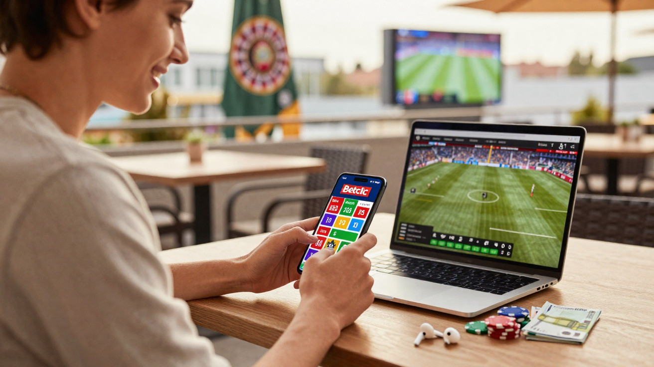 Pessoa a apostar em jogo de futebol online através de telemóvel e computador num café ao ar livre.