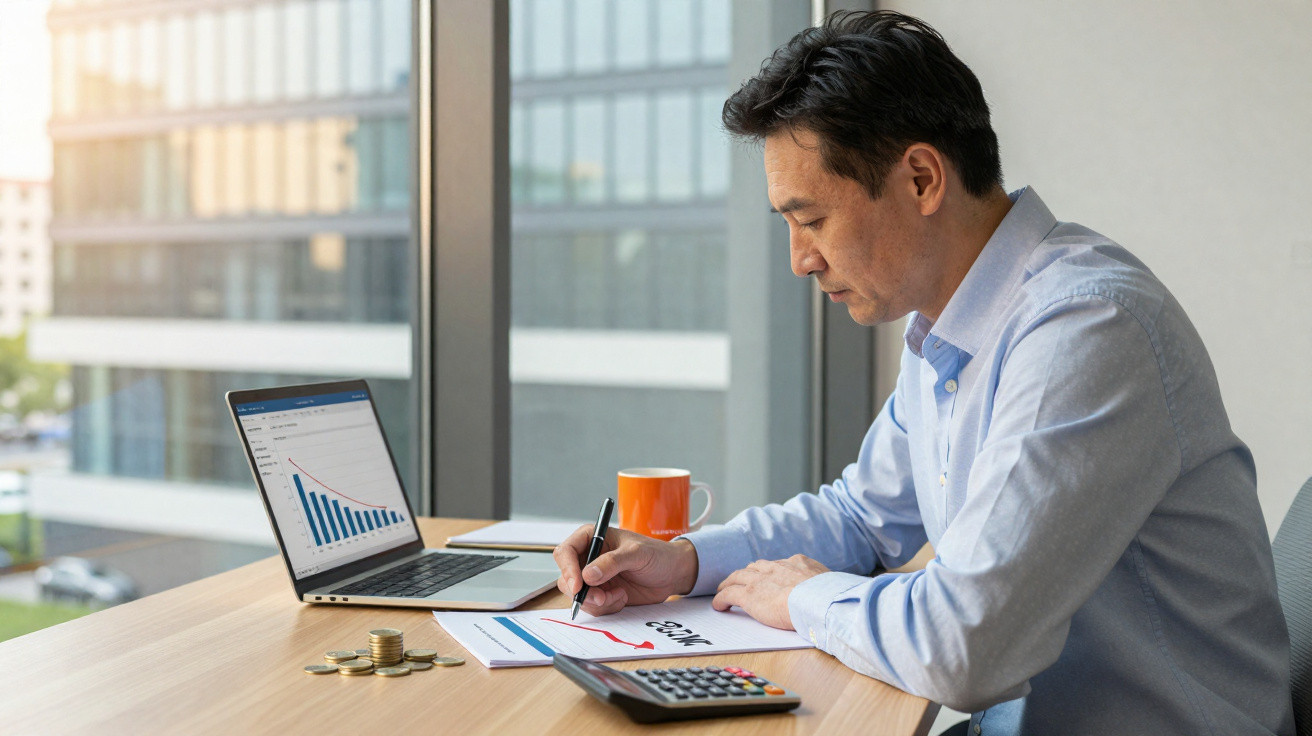 Homem sentado numa secretária a analisar gráficos financeiros com computador, moedas e calculadora.