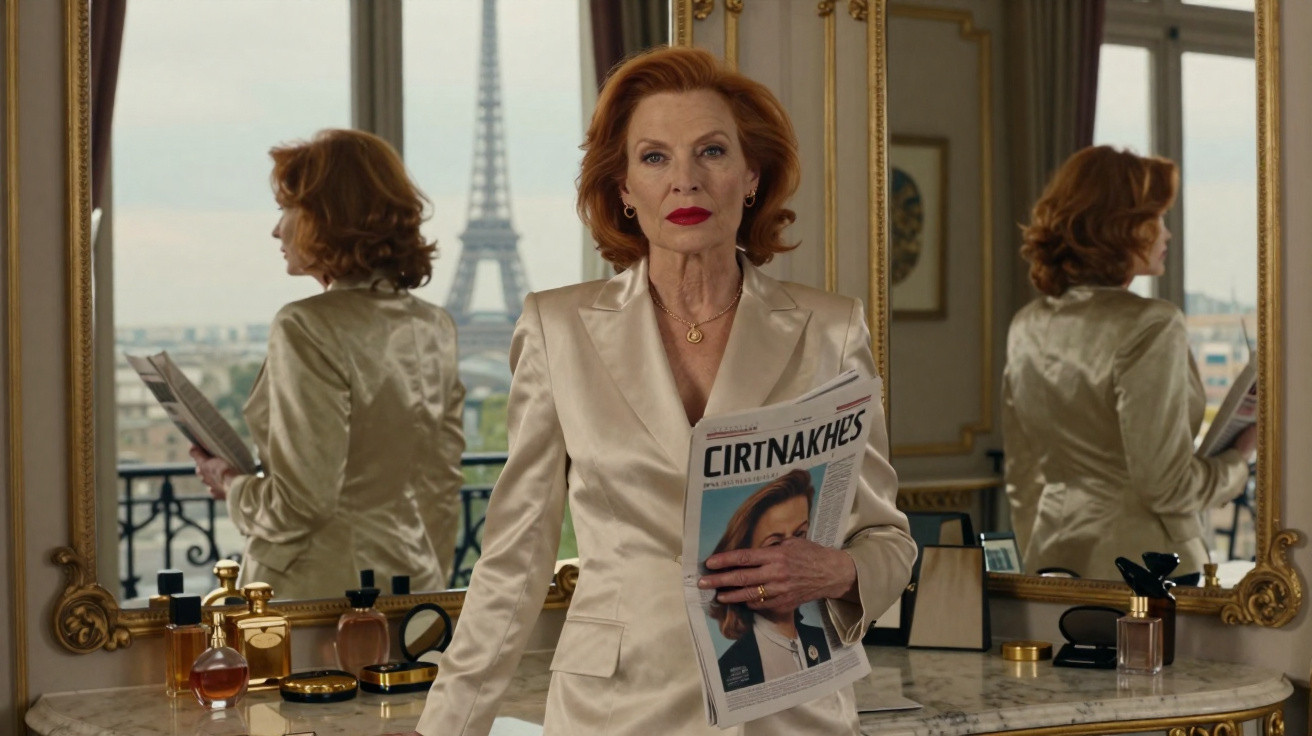 Mulher elegante de cabelo ruivo posa com jornal numa sala luxuosa com vista para a Torre Eiffel em Paris.