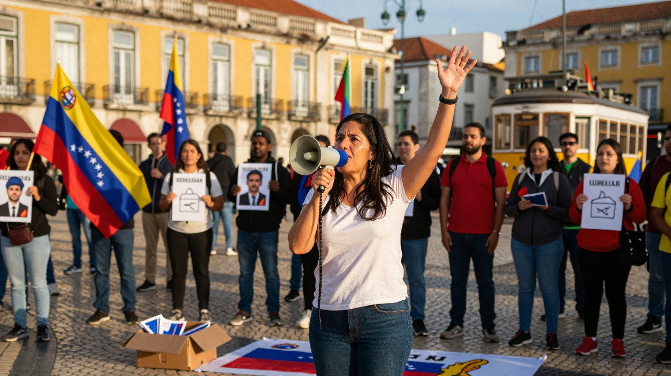 Mulher com megafone lidera protesto com dezenas de pessoas em praça urbana com bandeiras e cartazes eleitorais.