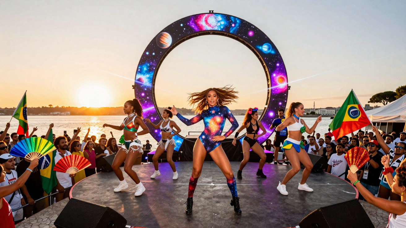 Artistas a dançar num palco ao ar livre com um enorme anel de galáxias e planetas ao fundo ao pôr do sol.