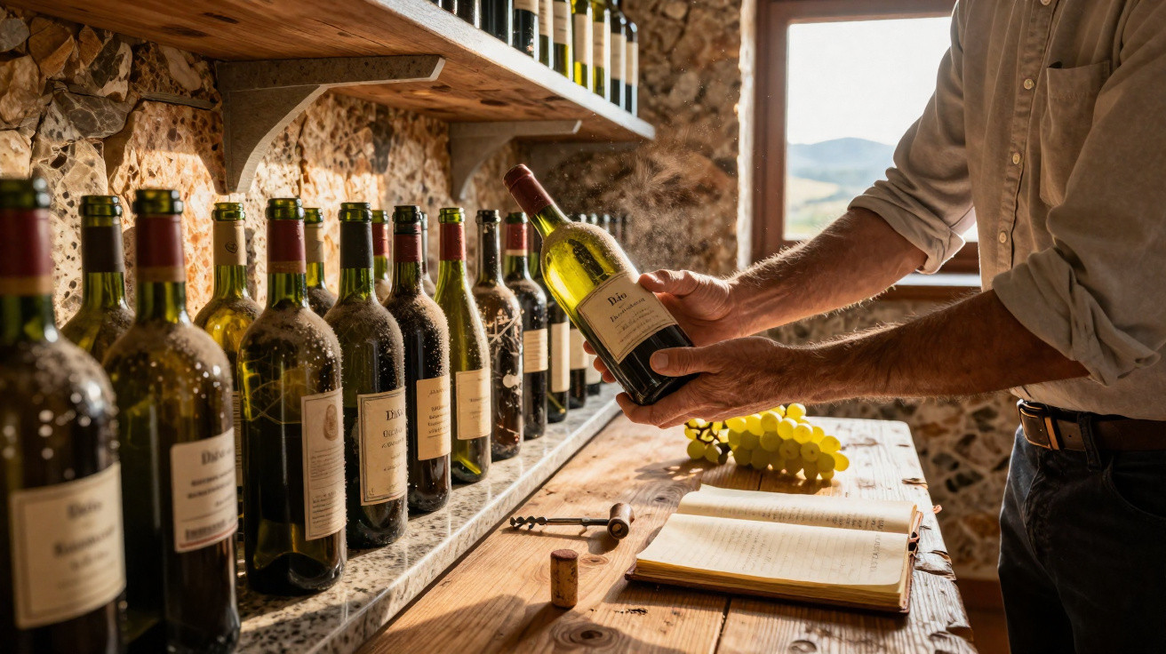 Homem segura garrafa de vinho tinto numa adega com várias garrafas alinhadas e livro aberto numa mesa de madeira.