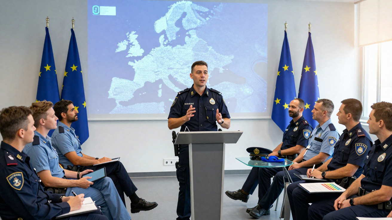 Policias europeus reunidos numa sala para apresentação com mapas da Europa e bandeiras da UE ao fundo.