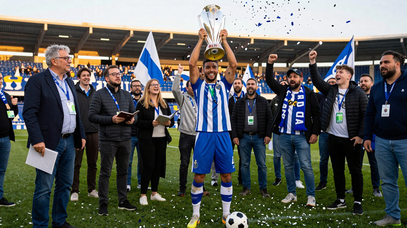 Jogador do FC Porto levanta taça de campeão rodeado por equipa e adeptos no estádio.