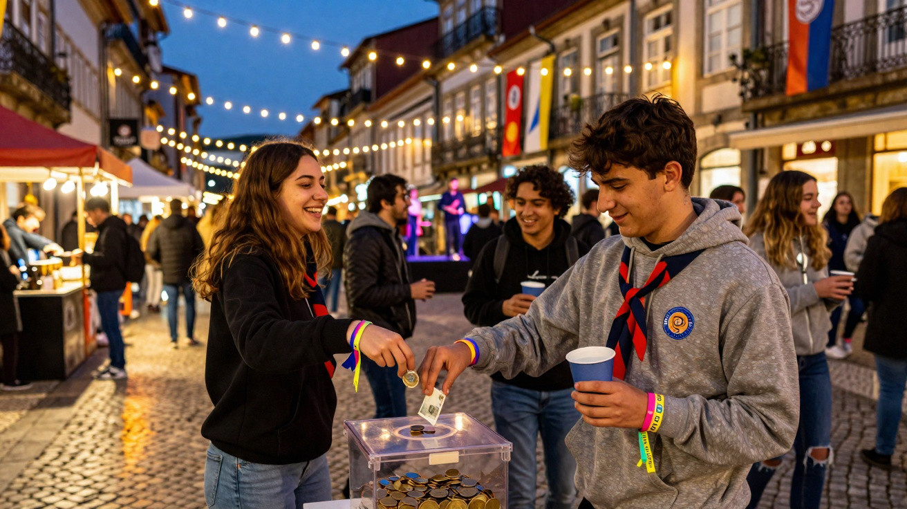 Jovens num evento urbano noturno, fazendo donativos numa caixa transparente iluminada na rua decorada com luzes.