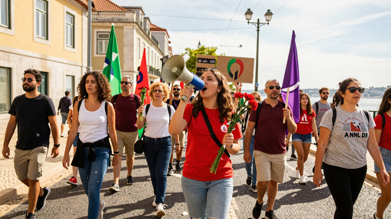Grupo de pessoas a participar numa manifestação penduradas com bandeiras e cartazes numa rua ensolarada.