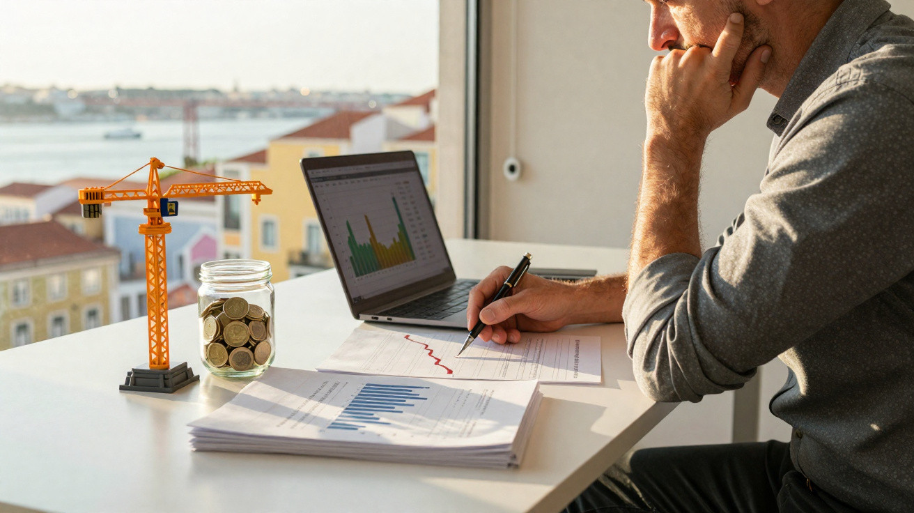 Homem a analisar gráficos financeiros numa mesa com computador portátil e frasco de moedas perto de uma miniatura de grua.