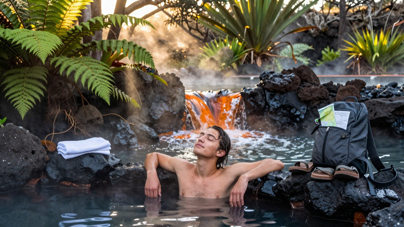 Homem relaxa em lagoa termal natural com vegetação e cascata de água quente ao fundo.