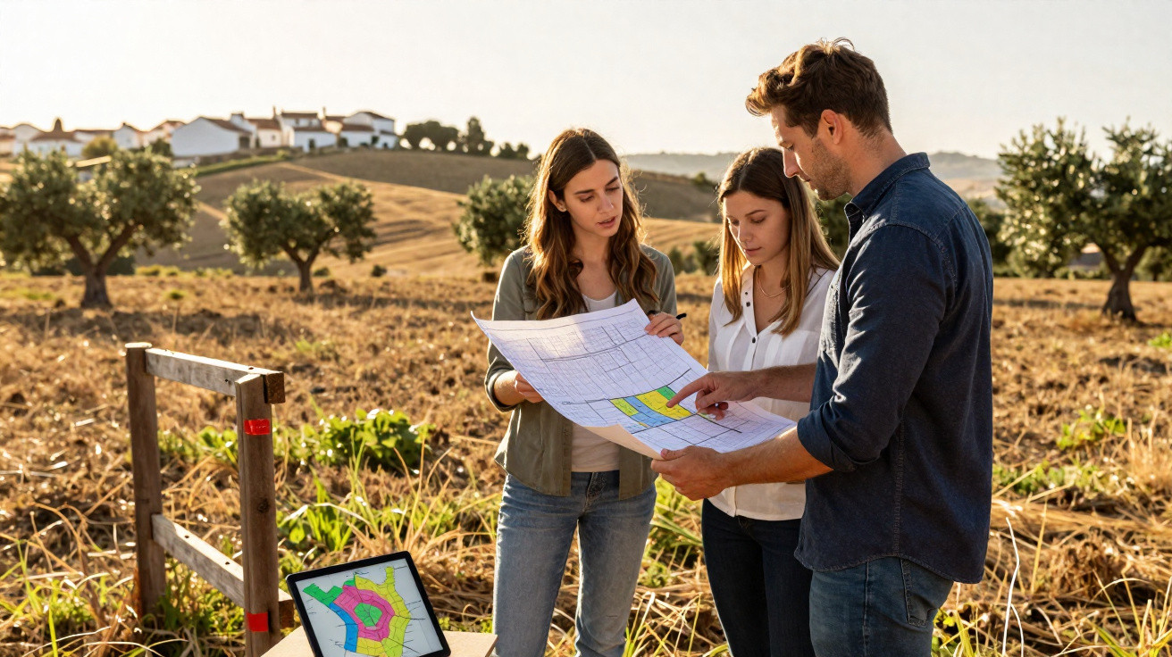 Três pessoas analisam mapas coloridos num campo aberto com oliveiras e casas ao fundo ao entardecer.