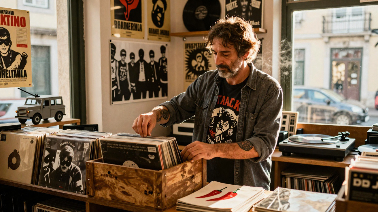 Homem com cabelo encaracolado a folhear discos de vinil numa loja vintage de música.