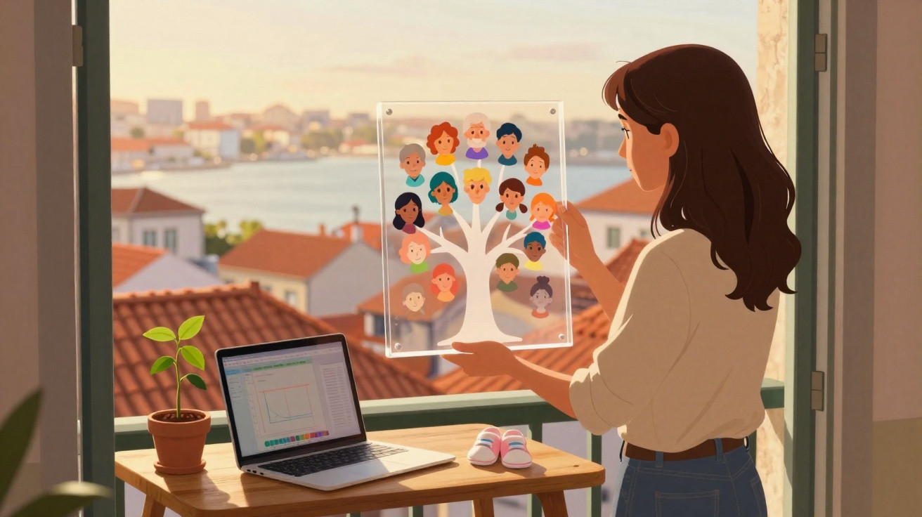 Mulher olha para árvore genealógica transparente numa varanda com vista para cidade e laptop numa mesa.