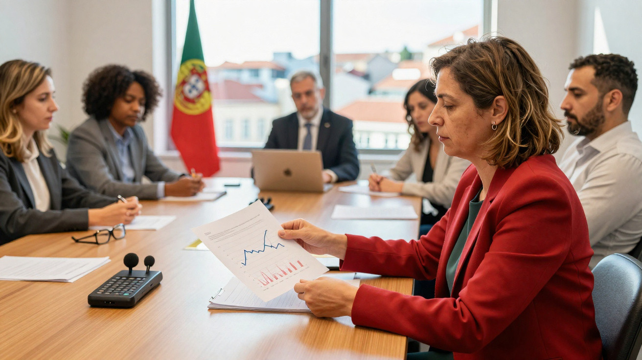 Reunião de negócios com cinco pessoas numa sala, uma delas a analisar gráficos em papel.