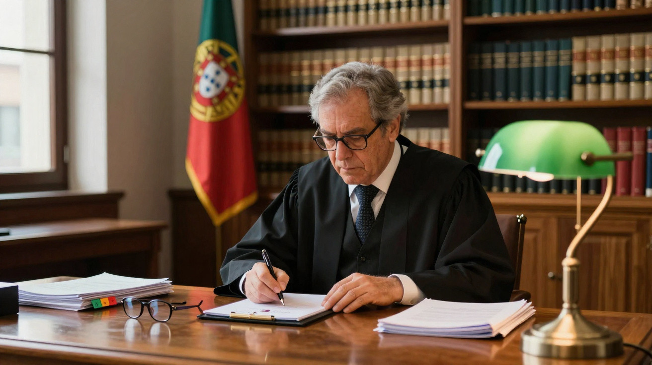 Homem idoso de toga a escrever numa secretária em escritório com bandeira de Portugal e estante de livros.