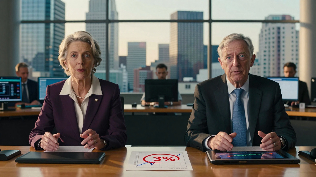 Duas pessoas idosas em fato sentadas à mesa numa reunião de negócios com gráficos e computadores à frente.