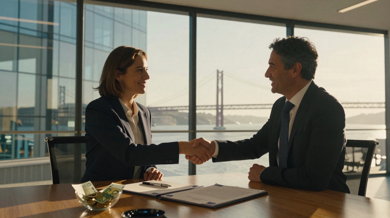 Dois executivos apertam as mãos numa sala de reuniões com vista para a ponte e o rio ao fundo.