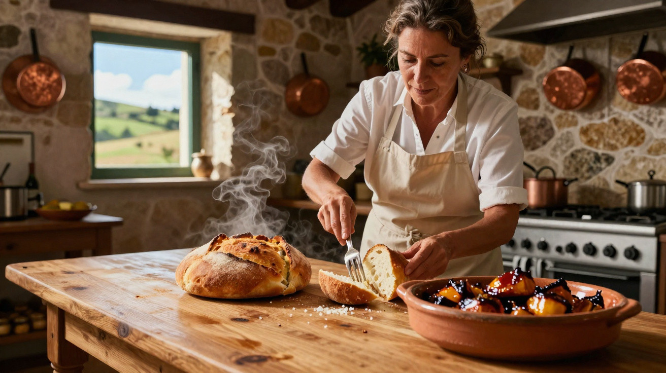Mulher a cortar pão quente numa cozinha rústica com paredes de pedra e utensílios de cobre pendurados.